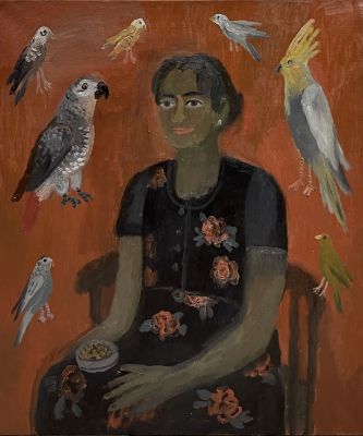 Маслова Алиса. Угощение для попугаев.
2022 г. 
холст, масло, 95х80 см. Работа в хорошем 