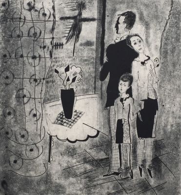Тыкоцкий Евгений. Семья. 1960-е, офорт, 24,8х23 см. Лист 36х29 см. Оттиск монограммы художника 