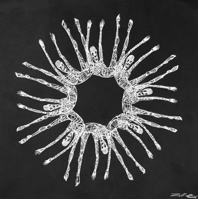 Жеравов Дмитрий. Endless fall games.
vol.1
Genesis. Cue 3.
2022 г. 
Бумага черная, шелкография 