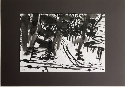 Васильева Ира. Лыжня в лесу. 2009(?), тушь, 14х20,5 см, подклеено на паспарту 21х30 см. 