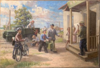 Неизвестный автор. Открытие колхозного клуба.
Первая половина ХХ в., 
холст, масло, 67х96,5 см. 