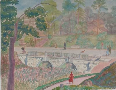 Глебова Татьяна. В парке. Гатчина. 1951 г. Бумага, акварель, 32х41 см. Состояние хорошее 