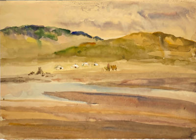Курдов Валентин. Юрты в долине реки Чолы. Серия &laquo;По Монголии&raquo;.
1956 г. Бумага, акварель, белила 