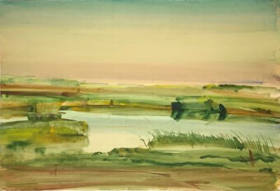 Курдов Валентин. Озерко вечером.
1960 г. Бумага, акварель, 42,5х62 см. Состояние хорошее 