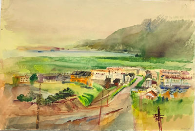 Курдов Валентин. Рабочий поселок в Хибинах.
1964 г. Бумага, акварель, 43,7х64,5 см. Состояние 