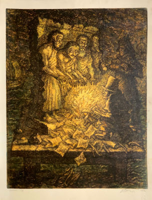 Вильнер Виктор. Греются (на обороте часть цв.литографии).
2002 г., 
Бумага, цв.литография, 6/8 