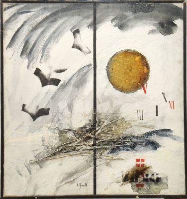 Рухин Евгений. Без названия.
1976 г., 
Холст, см. тех., коллаж, 67х67 см , опубликована в 