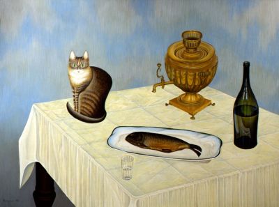 Вальран Валерий. Муся с самоваром. 
1998 г., холст, масло, 120х160 см. Опубликовано в альбоме 