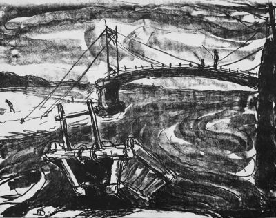 Бубнова Варвара. Мост и лодка.
1955 г. 
Бумага рисовая, литография, 34,6х44,8 см (лист). Работа 