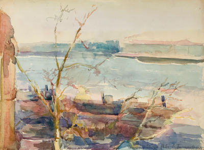 Белаковская Виктория. Малая Нева (на обороте – этюд цветочной композиции в круге).
1947 г. 