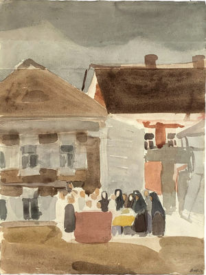 Жуков Владимир. Прощание.
1974 г
Бумага, акварель, 56х42 см. Состояние хорошее, подпись автора 