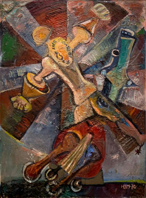 Медведев Юрий. Дон-Кихот. Бой с мельницей.
1970 г., дерево, масло, 68х50 см. Хорошая сохранность 