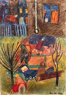Медведев Юрий. Дворик (На Бассейной 37).
1971 г.,
Бумага, цв. карандаш, 60х42 см. Хорошая 