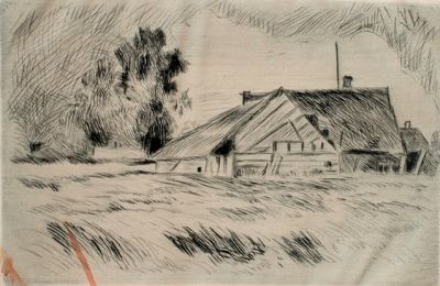 Воинов Всеволод. Хутор в. Вайллово.
1936 г.,
Бумага, сухая игла, 21х25 см (лист). Работа в 