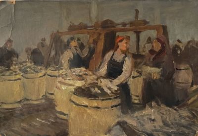 Кацеблин Алексей. Этюд картины &laquo;Рыбный цех&raquo;. (На обороте – пейзаж). 1930-е гг. Картон, масло 