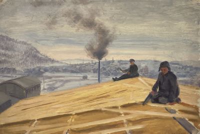 Кацеблин Алексей. Строительство механического завода в Кандалакше. 1935 г. Картон, масло. 