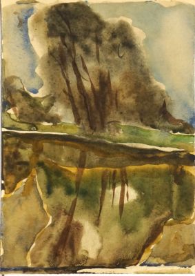 Эвенбах Евгения. Пейзаж с отражением. бумага, акварель, 16х11 см. Работа в хорошем состоянии 