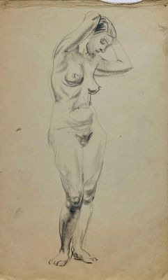 Анкудинов Сергей. Стоящая обнаженная. 1935 г., тонированная бум., уголь, 50,4х31 см. Работа за 