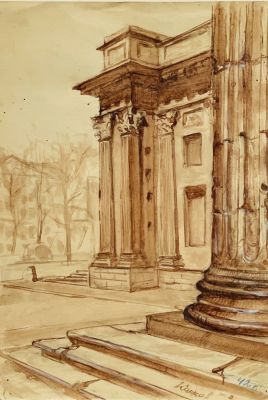 Капцов Ж. У Казанского Собора. 1942 г., бум., акварель, белила, 30х21 см. Работа в хорошем 