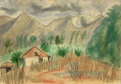 Глебова Татьяна. Домик в горах.
1942-45 гг. 
Бумага, акварель, 21х29,6 см. Работа в хорошем 