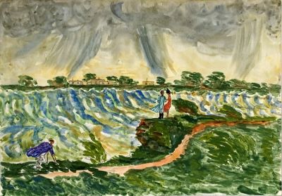 Глебова Татьяна. Яны-Курган . Ливень (№3).
1942-45 гг. 
Бумага, акварель, 20,2х28,6 см. Работа 