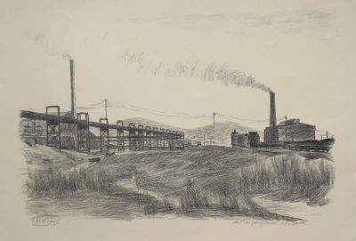 Астапов Иван. Магнитогорский пейзаж. 1945 г., бум., литография, 43,7х62 см (лист). Работа в 