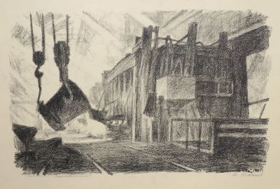 Астапов Иван. Мартеновские печи. 1945 г., бум., литография, 42х56,3 см (лист). Работа в хорошем 