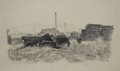 Астапов Иван. На территории завода (2). 1945 г., бум., литография, 43,7х62 см (лист). Работа в 