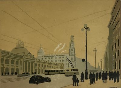 Лапшин Николай. Невский проспект. Печать 1945 г., бум., литографированная открытка, 11х15 см. Ра 