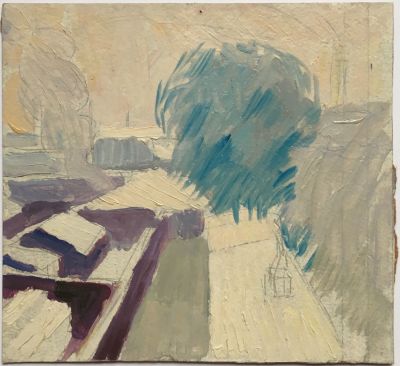 Ивлев Павел. Зима. &laquo;Кресты&raquo; на Лебедева. 1930-е, картон, масло, 20,5х22,2 см. На обороте штамп 