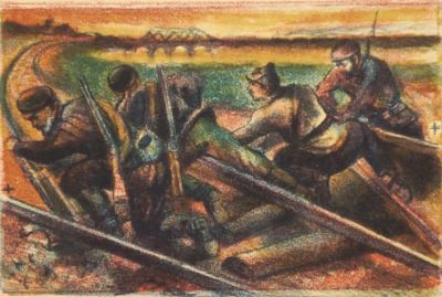 Васнецов Юрий. Переход через железнодорожное полотно. 
1942г. 
Бумага, цв. литография. 18,5х22 