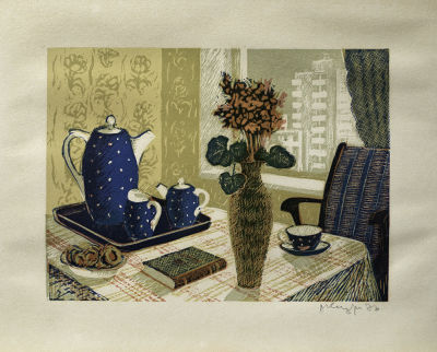 Скуляри Михаил. Натюрморт в интерьере.
1950-60-е гг., бумага, цв. литография, 30х36,7 см. Работа 