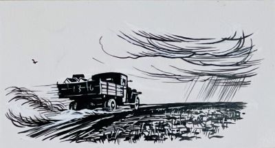 Ушин Андрей. Дождь. Рисунок для журнала Нева №7 1950-е гг., бум., тушь, белила, 10,4х14,2 см. Со 