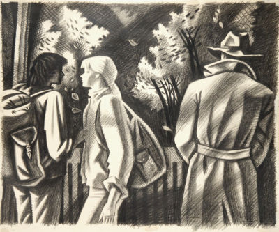 Есипов Сергей. В ожидании электрички. 1987 г. Бумага, уголь, 51,7х61,4 см. Работа в хорошем 