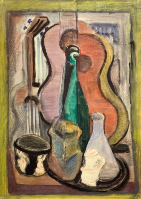 Кукс Миней. Натюрморт с гитарой. 1972 г. Бумага, акварель, пастель, смешанная техника. 51х37 см. 