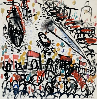 Тарасюк Иван. Парад на Неве. 1982 г. Бумага, гуашь, 38,7х37,1 см. Работа в хорошем состоянии 