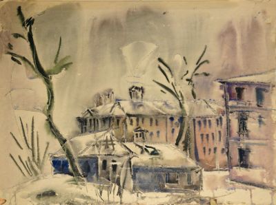 Блок О. К. Зимний пейзаж. 1975 г. Бумага, акварель. 49,3х67 см. Работа за авторской подписью. 