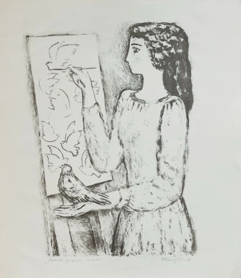 Кошельков Николай. Девочка, рисующая голубей. 1985 г., бум., литография, 73,4х65,4 см (лист). Ра 