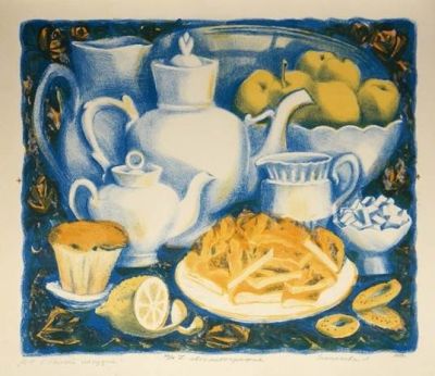 Эскараева Людмила. Натюрморт с белой посудой. 1989 г. , бум., цв.автолитография, 10/14 экз. 