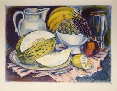 Эскараева Людмила. Натюрморт с дыней. 1989 г. , бум., цв.автолитография, 1/18 экз., 42х53,5 см 