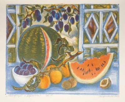 Эскараева Людмила. Натюрморт с фруктами. 1987 г. , бум., цв.автолитография, 15/25 экз., 42х58,5 