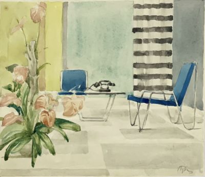 Пудкевич Сергей. Интерьер. 
1960-е гг. Бумага, акварель. 19х22 см. Работа в хорошем состоянии 