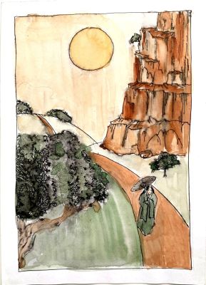 Неизвестный автор ХХ века. На прогулке с зонтиком. Восточный мотив. Бумага, акварель, тушь. 