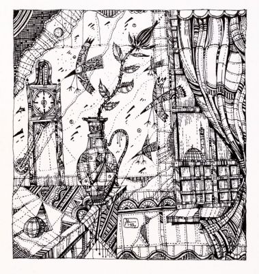 Кобяк Александр. Петербургский интерьер с видом на мечеть. 1997. Бумага, тушь, 8,5х8 см. Размер 