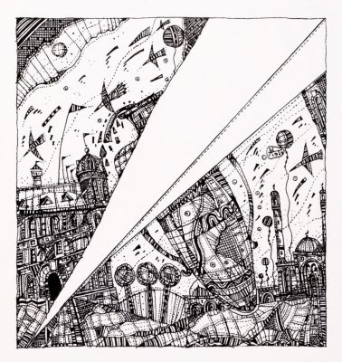 Кобяк Александр. Где-то на Петроградской. 1997. Бумага, тушь, 8,5х8 см. Размер листа 13х9,5 см. 