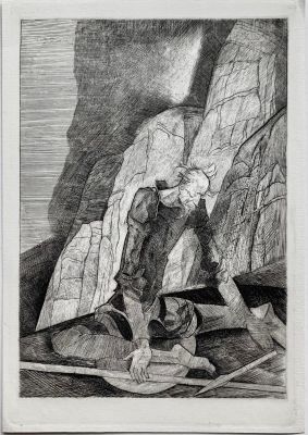 Богдеско Илья. Дон Кихот. Поражение I. 1989, резцовая гравюра на меди, лист 22,5х15 см. Оттиск 