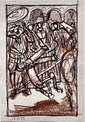 Богдеско Илья. Дон Кихот. Падение с Росинанта. Эскиз к невоплощенной гравюре. 1988, сангина 