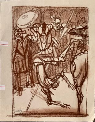Богдеско Илья. Дон Кихот. Падение с Росинанта. Эскиз к невоплощенной гравюре. 1988, сангина 