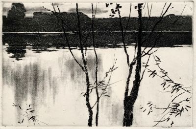 Звонцов Василий. На озере тихо. Пушкинские горы. 1963, резерваж, лавис, сухая игла, 14,8х22,2 