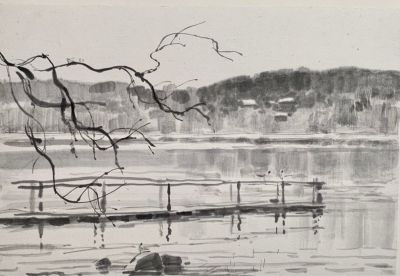 Звонцов Василий. Пристань. Пушкинские горы. 1985, китайская тушь, 19,5х29 см. Рисовая бумага 